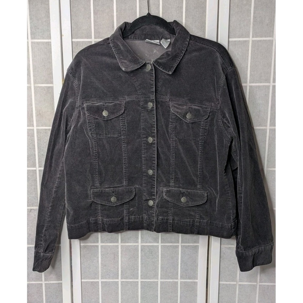 Chicos Womens Button Up Jacket 2 Large 10-12 Brown Corduroy Cotton Blend Stretch